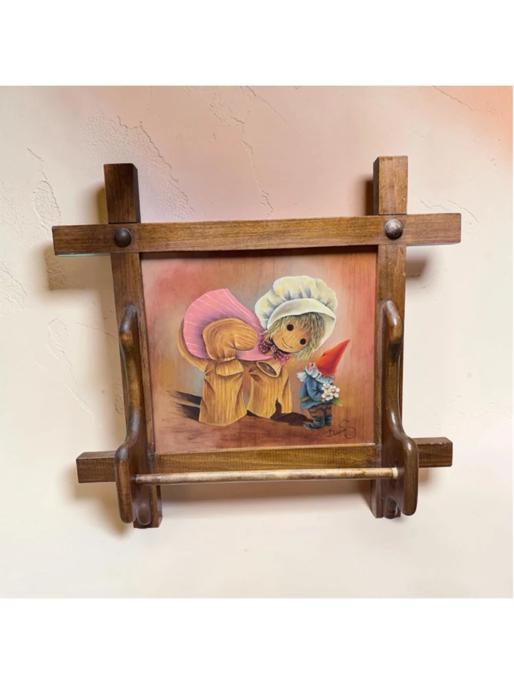 Vintage Hand Painted Wood Wall Rack Gnome Folk Art Scandinavian Cottagecore